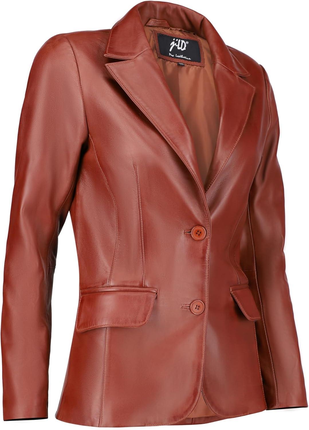 imageJild Classic 2Button Lambskin Leather Blazer Women Casual Coat Long Sleeves Suit Style Leather Jacket WomenTan