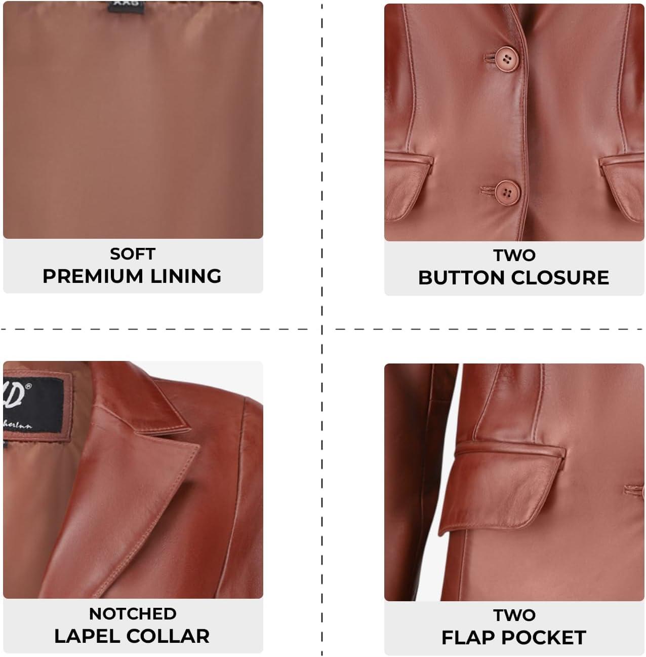 imageJild Classic 2Button Lambskin Leather Blazer Women Casual Coat Long Sleeves Suit Style Leather Jacket WomenTan