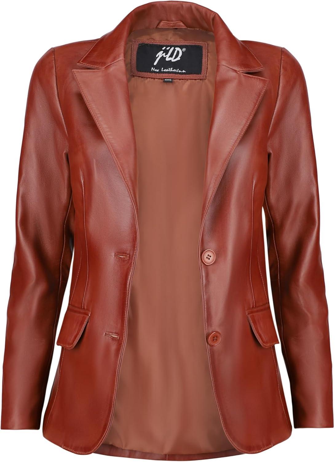 imageJild Classic 2Button Lambskin Leather Blazer Women Casual Coat Long Sleeves Suit Style Leather Jacket WomenTan