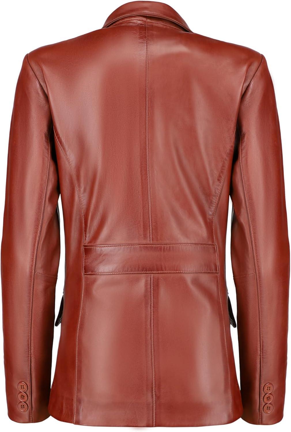 imageJild Classic 2Button Lambskin Leather Blazer Women Casual Coat Long Sleeves Suit Style Leather Jacket WomenTan
