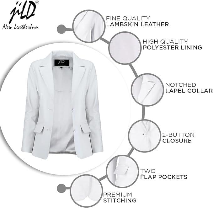 imageJild Classic 2Button Lambskin Leather Blazer Women Casual Coat Long Sleeves Suit Style Leather Jacket WomenWhite