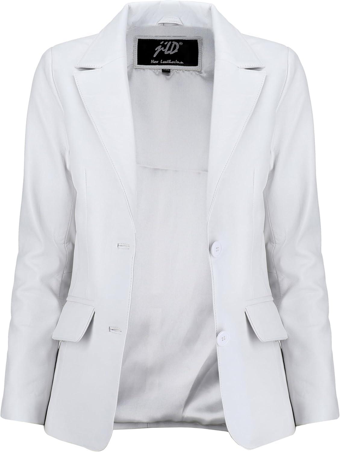 imageJild Classic 2Button Lambskin Leather Blazer Women Casual Coat Long Sleeves Suit Style Leather Jacket WomenWhite