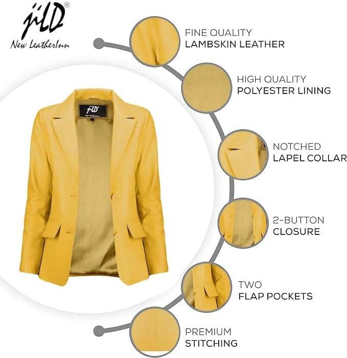 imageJild Classic 2Button Lambskin Leather Blazer Women Casual Coat Long Sleeves Suit Style Leather Jacket WomenYellow