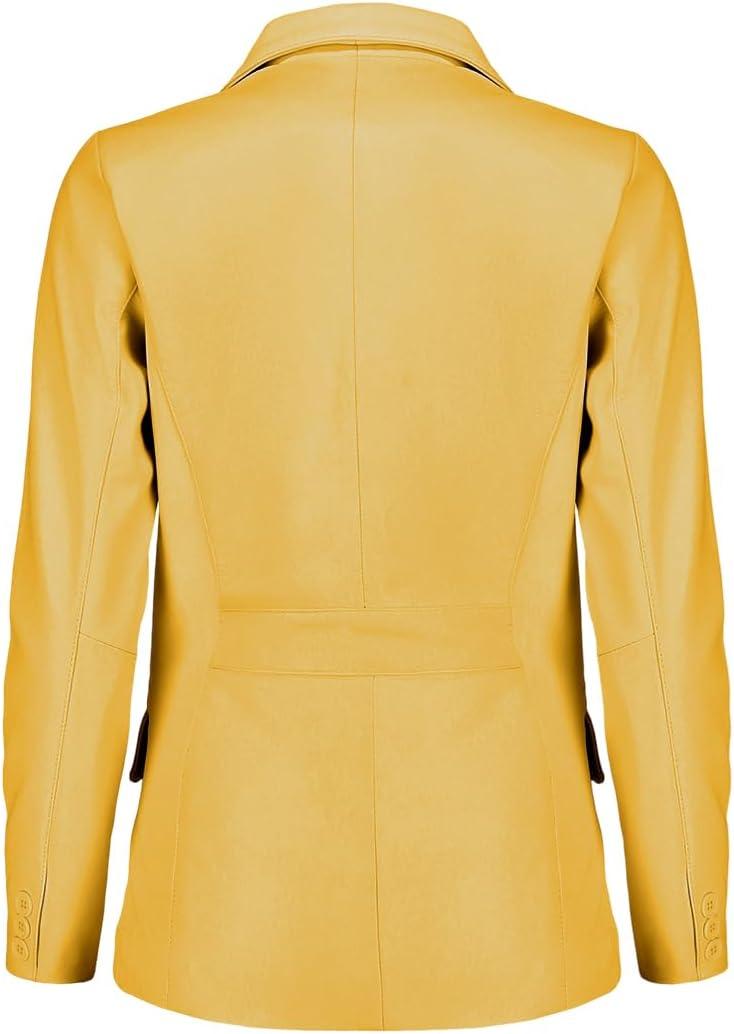 imageJild Classic 2Button Lambskin Leather Blazer Women Casual Coat Long Sleeves Suit Style Leather Jacket WomenYellow