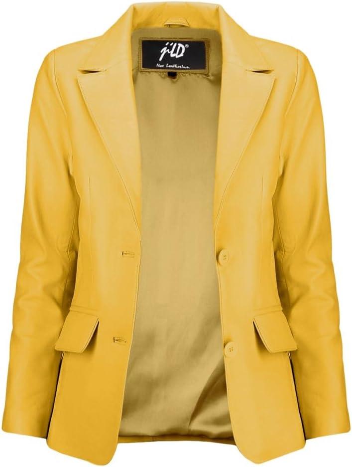 imageJild Classic 2Button Lambskin Leather Blazer Women Casual Coat Long Sleeves Suit Style Leather Jacket WomenYellow