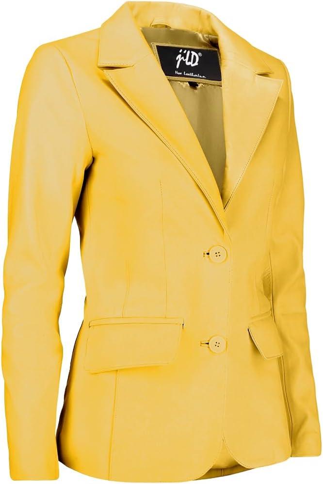 imageJild Classic 2Button Lambskin Leather Blazer Women Casual Coat Long Sleeves Suit Style Leather Jacket WomenYellow