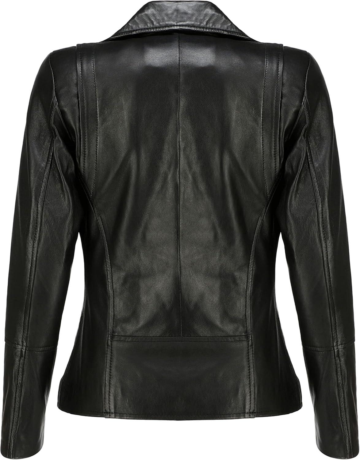 imageJild Womens Asymmetrical ZipUp Real Lambskin Leather Motorcycle Jacket Casual Fashion Moto Biker Leather Jacket Women