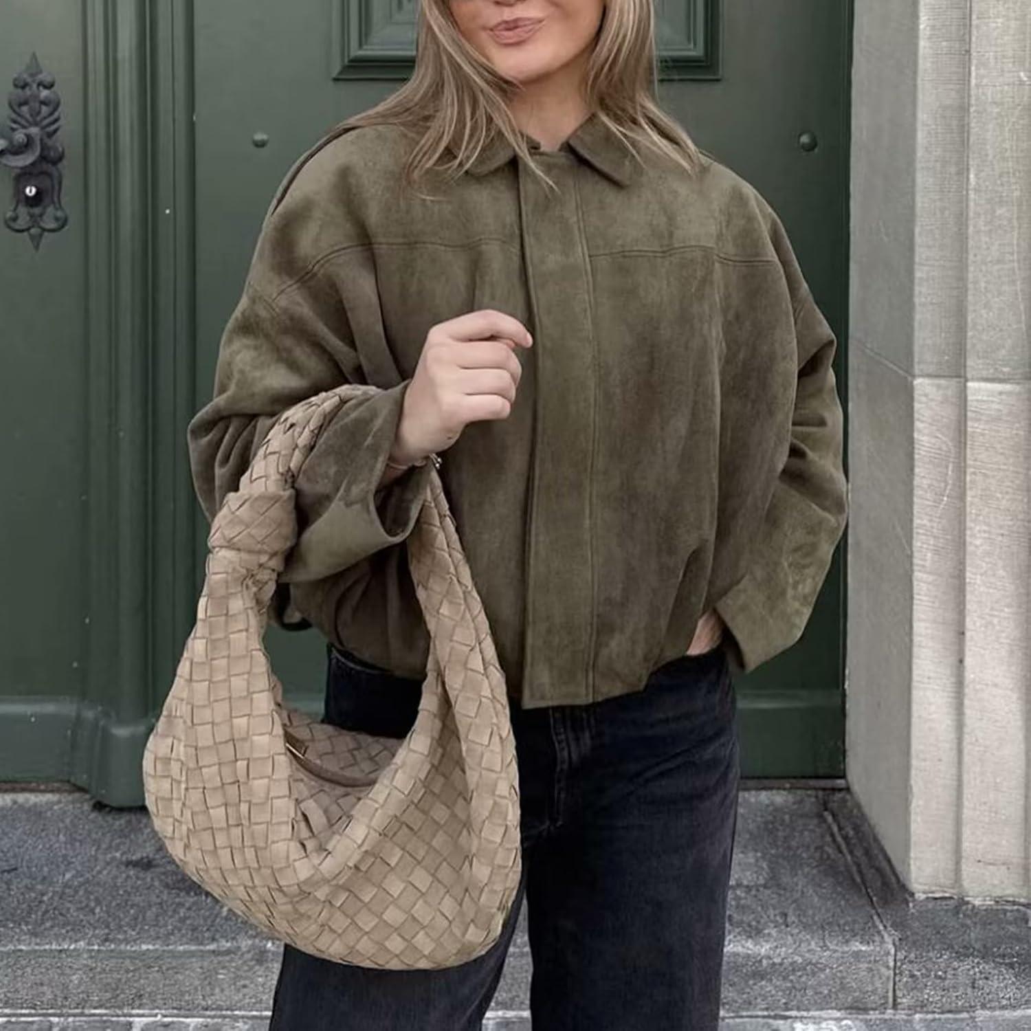imageJoinQueen Faux Suede Jacket Women Oversized Long Sleeve Zip Up Epaulet Bomber Leather Jackets Oversized Casual CoatArmygreen