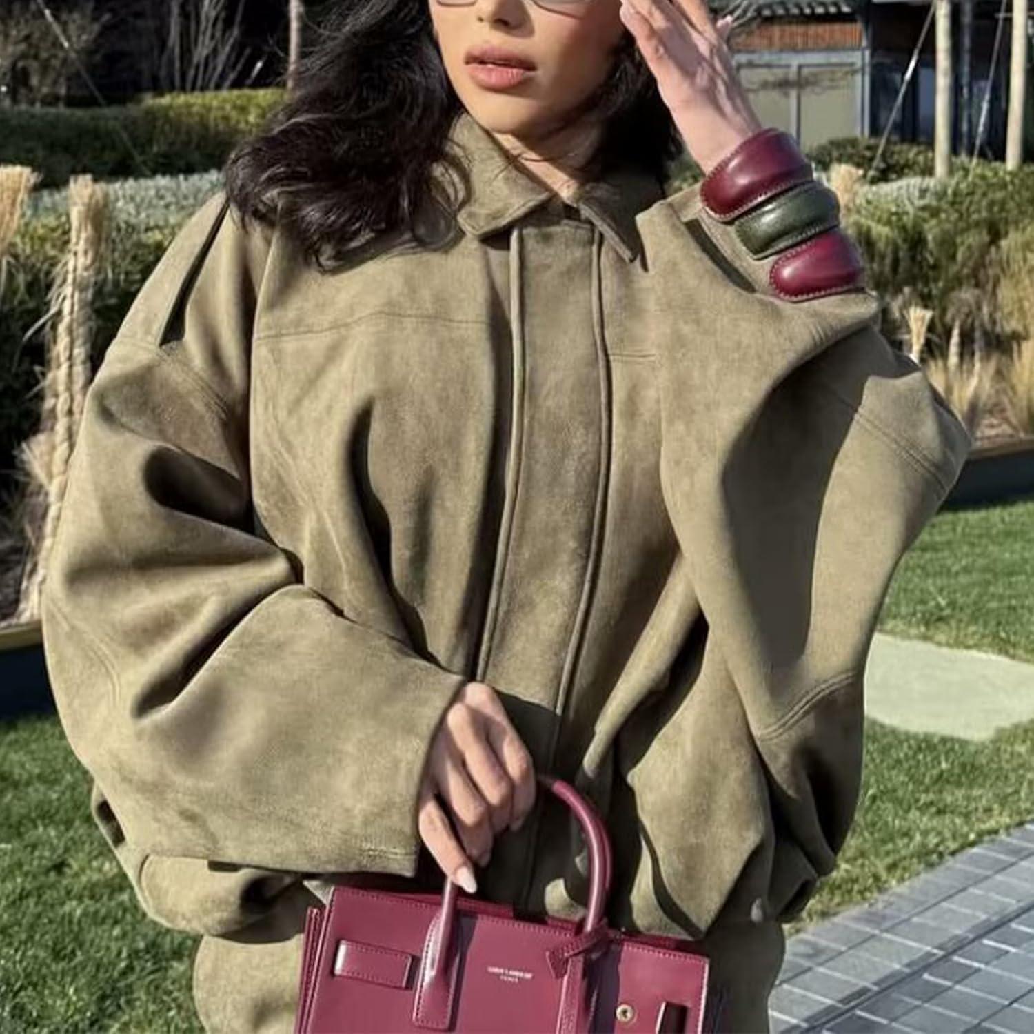 imageJoinQueen Faux Suede Jacket Women Oversized Long Sleeve Zip Up Epaulet Bomber Leather Jackets Oversized Casual CoatArmygreen