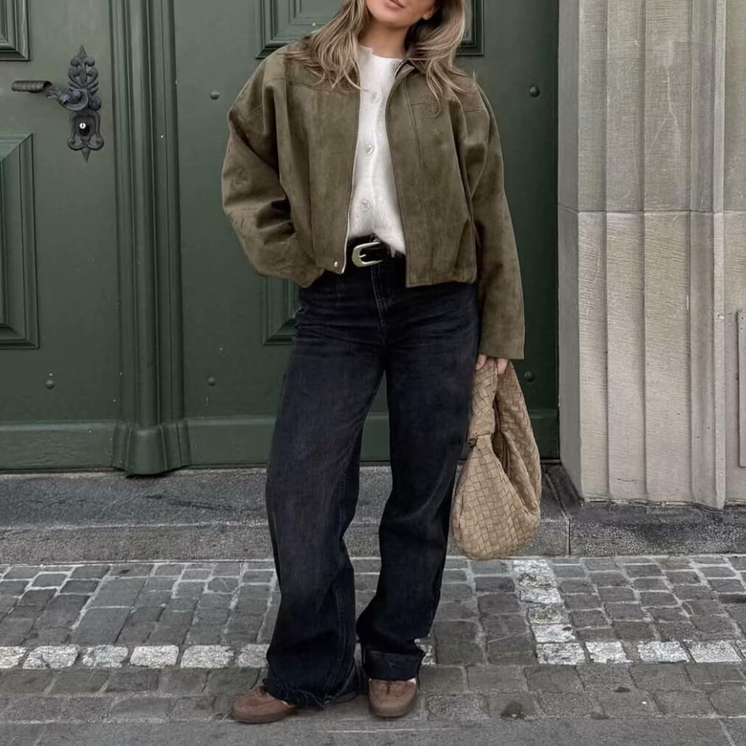 imageJoinQueen Faux Suede Jacket Women Oversized Long Sleeve Zip Up Epaulet Bomber Leather Jackets Oversized Casual CoatArmygreen