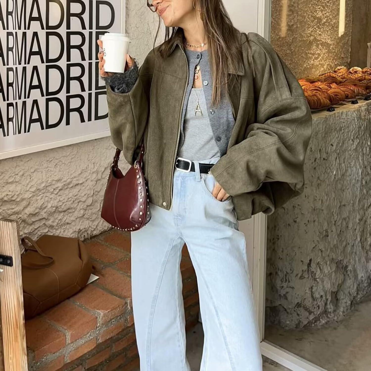 imageJoinQueen Faux Suede Jacket Women Oversized Long Sleeve Zip Up Epaulet Bomber Leather Jackets Oversized Casual CoatArmygreen