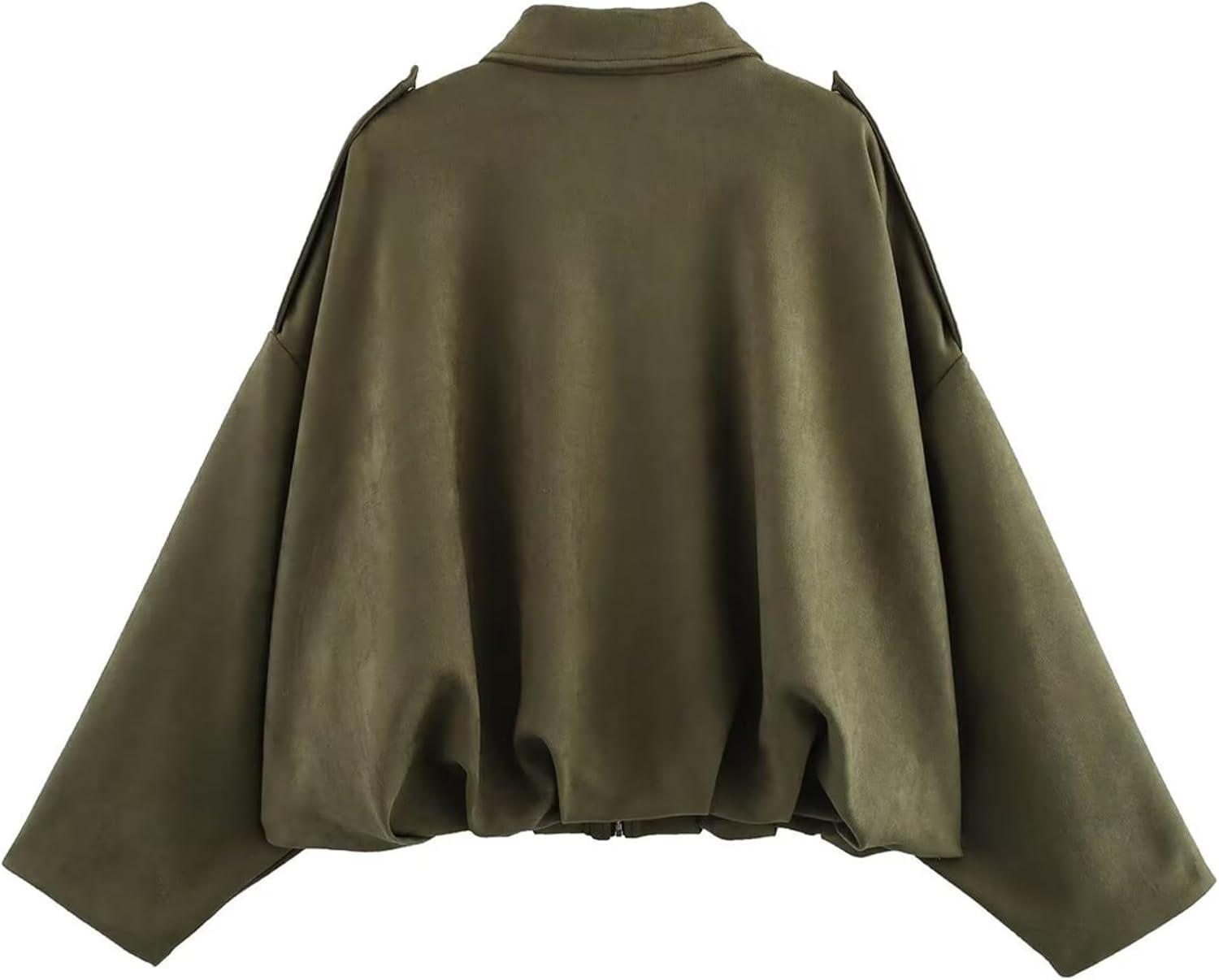 imageJoinQueen Faux Suede Jacket Women Oversized Long Sleeve Zip Up Epaulet Bomber Leather Jackets Oversized Casual CoatArmygreen