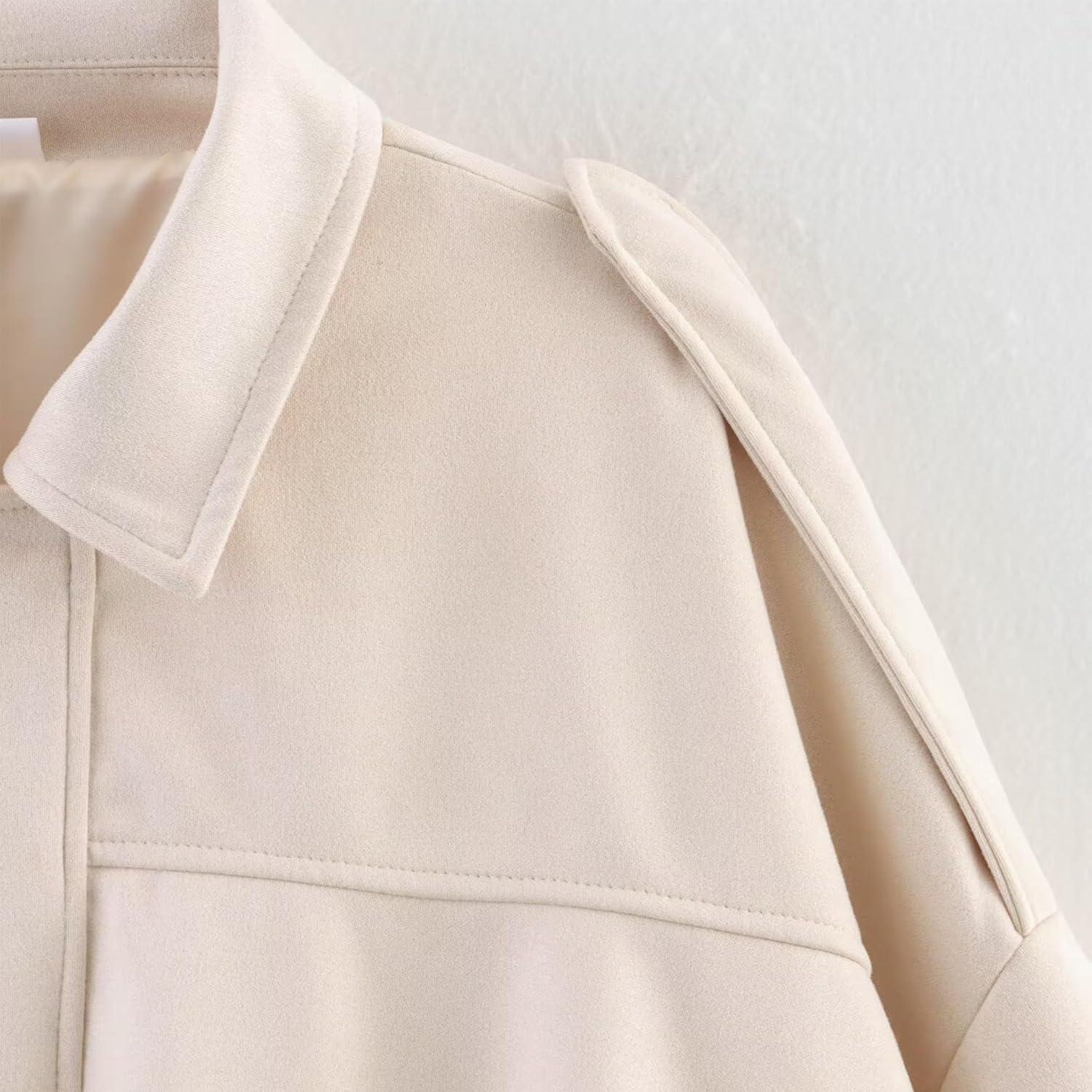 imageJoinQueen Faux Suede Jacket Women Oversized Long Sleeve Zip Up Epaulet Bomber Leather Jackets Oversized Casual CoatBeige