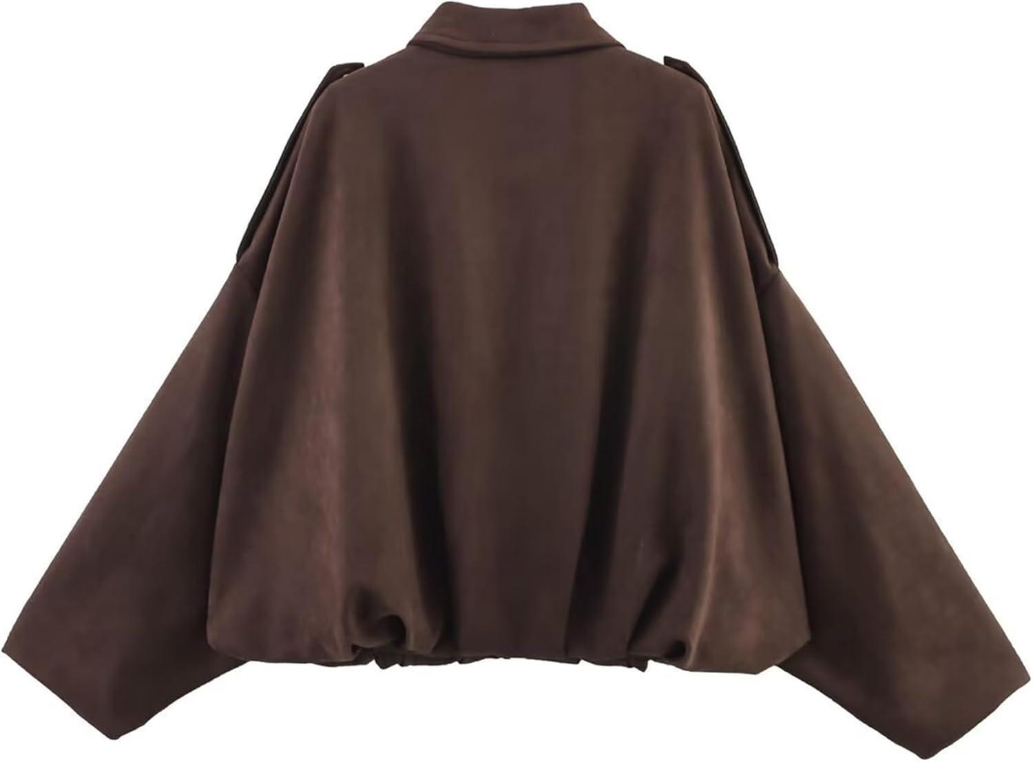 imageJoinQueen Faux Suede Jacket Women Oversized Long Sleeve Zip Up Epaulet Bomber Leather Jackets Oversized Casual CoatCoffee