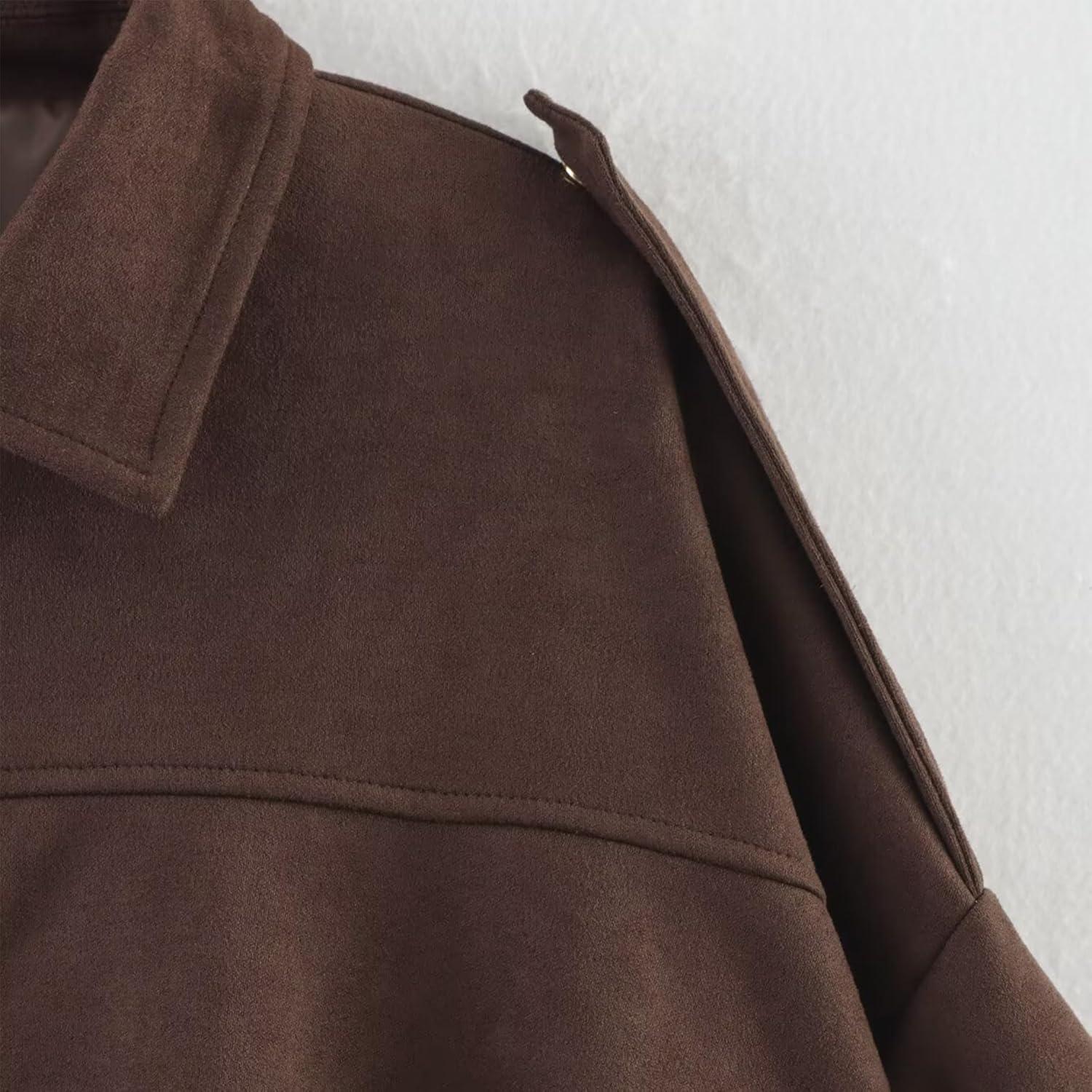 imageJoinQueen Faux Suede Jacket Women Oversized Long Sleeve Zip Up Epaulet Bomber Leather Jackets Oversized Casual CoatCoffee