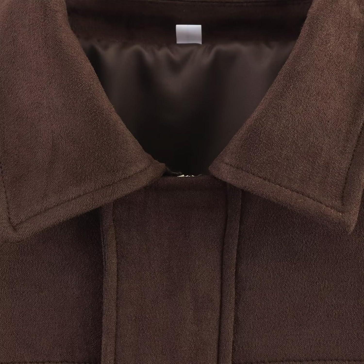 imageJoinQueen Faux Suede Jacket Women Oversized Long Sleeve Zip Up Epaulet Bomber Leather Jackets Oversized Casual CoatCoffee