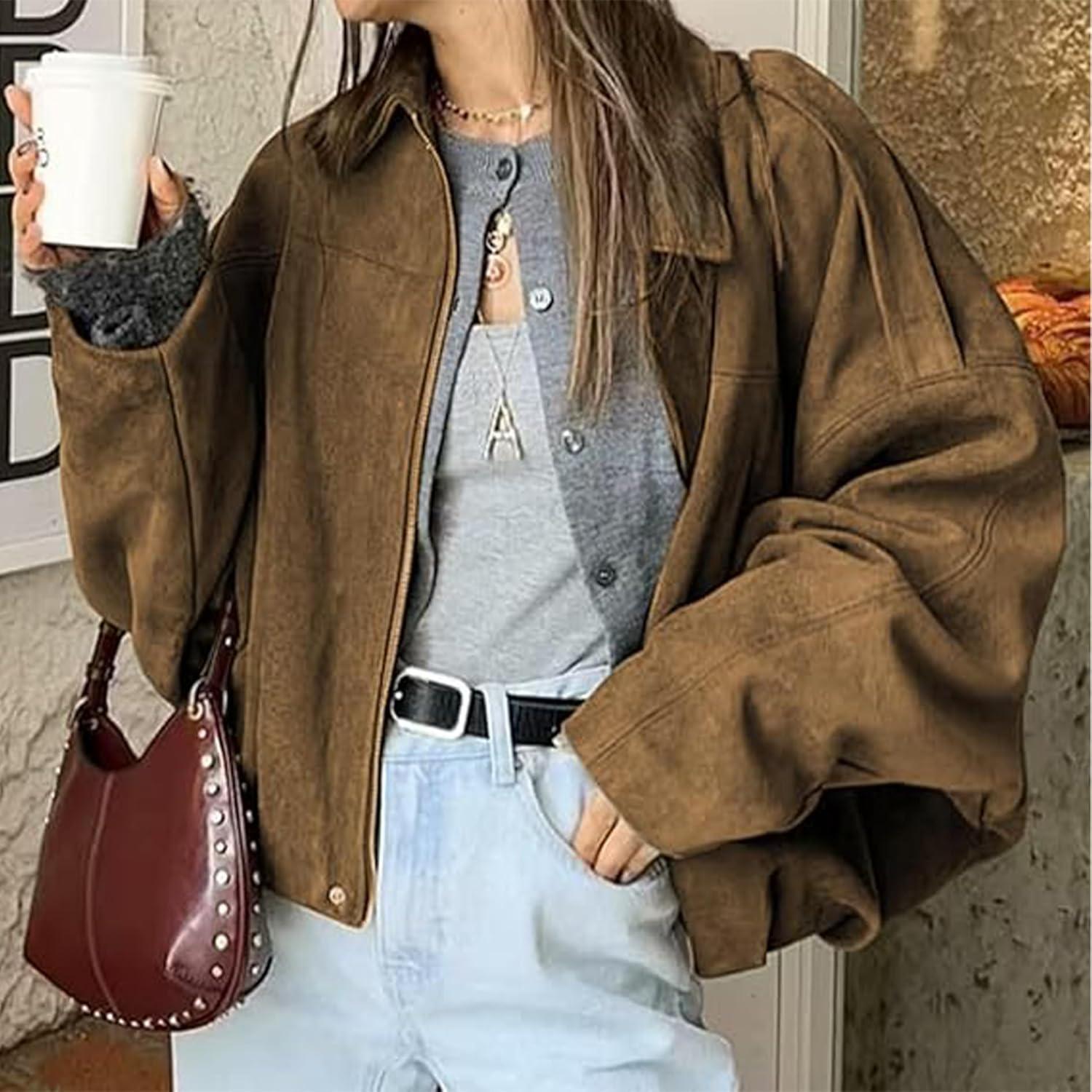 imageJoinQueen Faux Suede Jacket Women Oversized Long Sleeve Zip Up Epaulet Bomber Leather Jackets Oversized Casual CoatMaroon