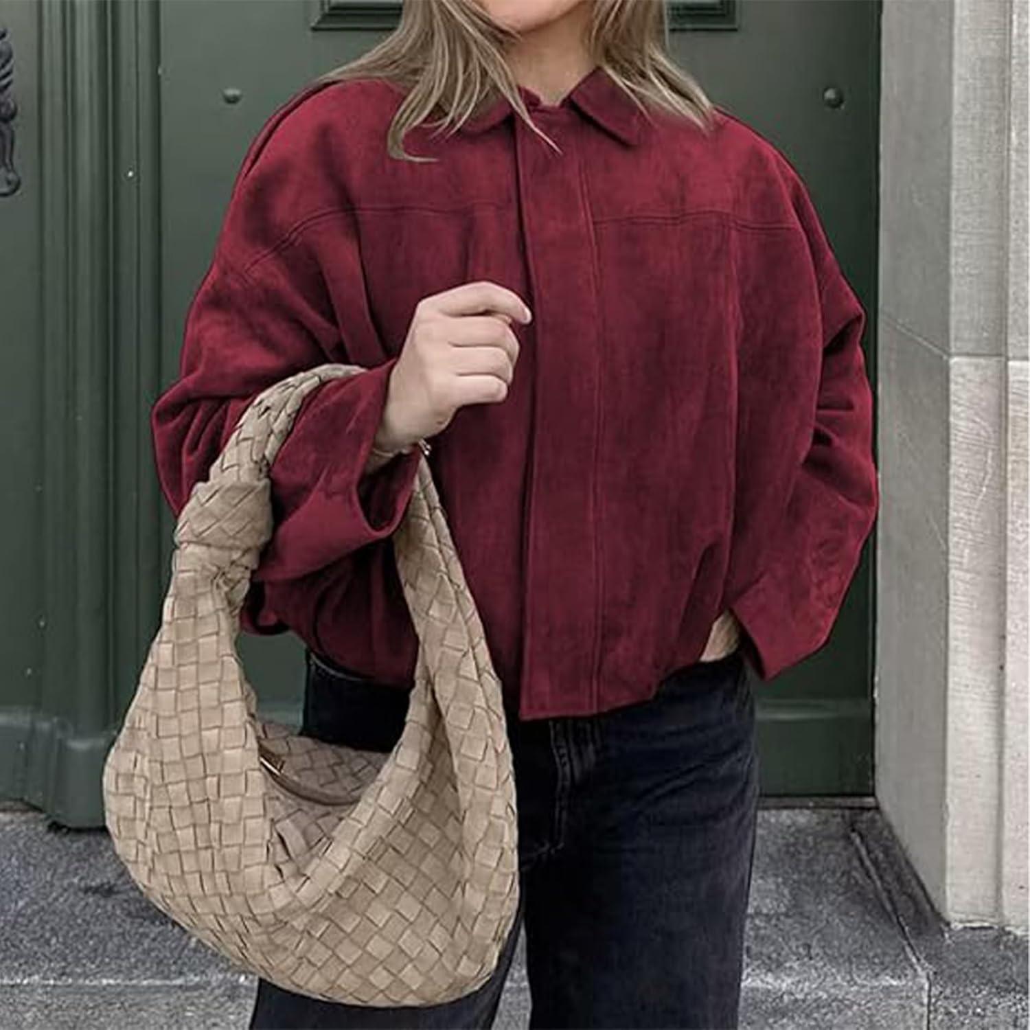 imageJoinQueen Faux Suede Jacket Women Oversized Long Sleeve Zip Up Epaulet Bomber Leather Jackets Oversized Casual CoatWinered