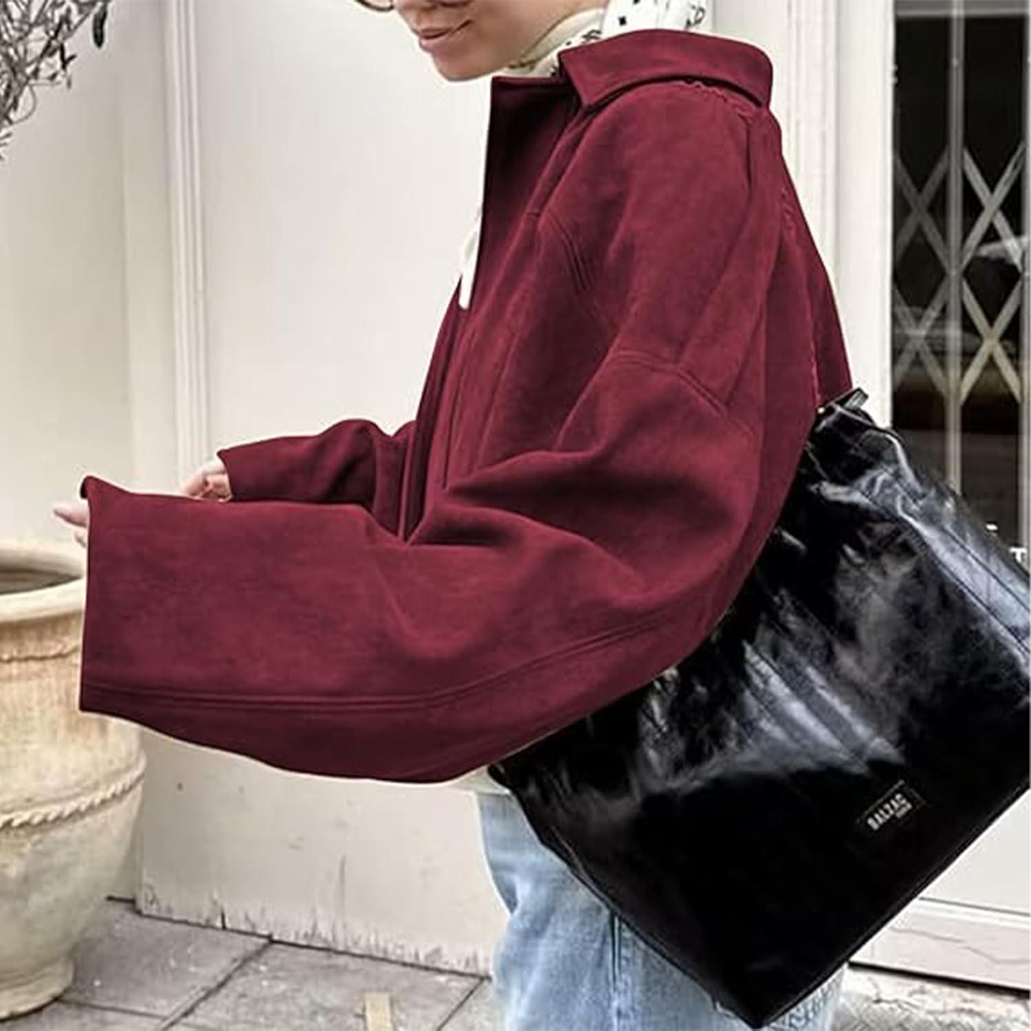 imageJoinQueen Faux Suede Jacket Women Oversized Long Sleeve Zip Up Epaulet Bomber Leather Jackets Oversized Casual CoatWinered