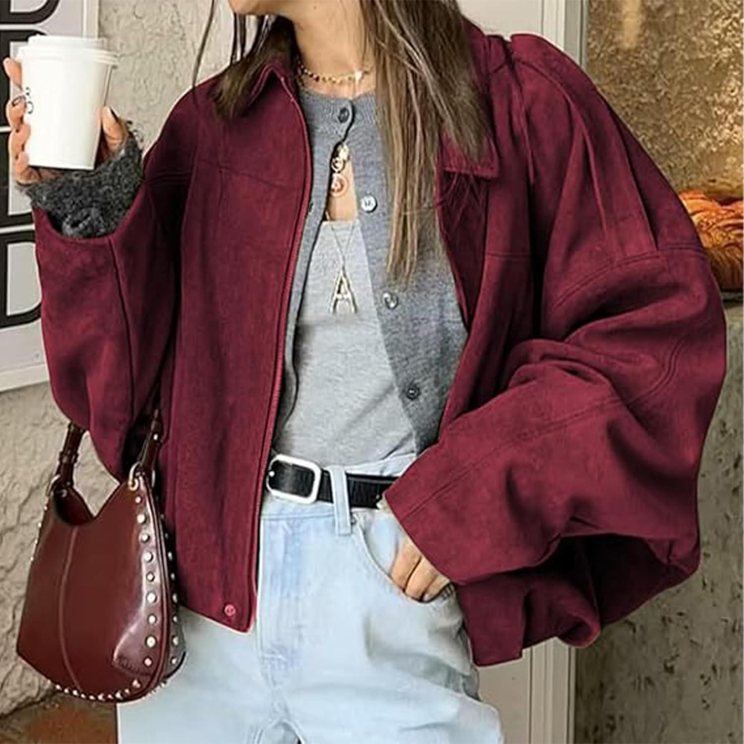 imageJoinQueen Faux Suede Jacket Women Oversized Long Sleeve Zip Up Epaulet Bomber Leather Jackets Oversized Casual CoatWinered