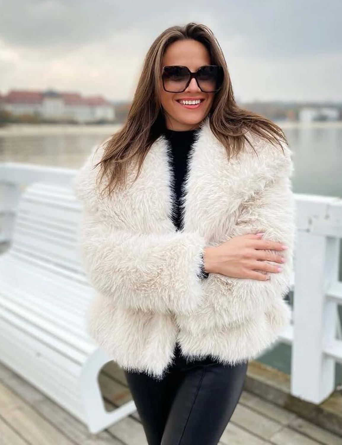 imageKissonic Women Faux Fur Coat Long Sleeve Lapel Open Front Shaggy Furry Jacket Warm Fluffy Short OutwearBeige