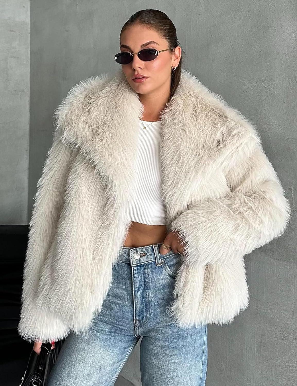 imageKissonic Women Faux Fur Coat Long Sleeve Lapel Open Front Shaggy Furry Jacket Warm Fluffy Short OutwearBeige