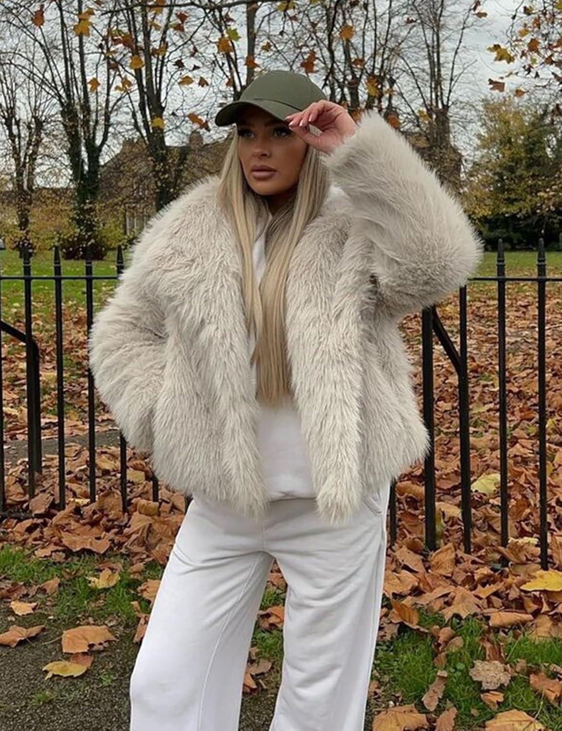 imageKissonic Women Faux Fur Coat Long Sleeve Lapel Open Front Shaggy Furry Jacket Warm Fluffy Short OutwearBeige