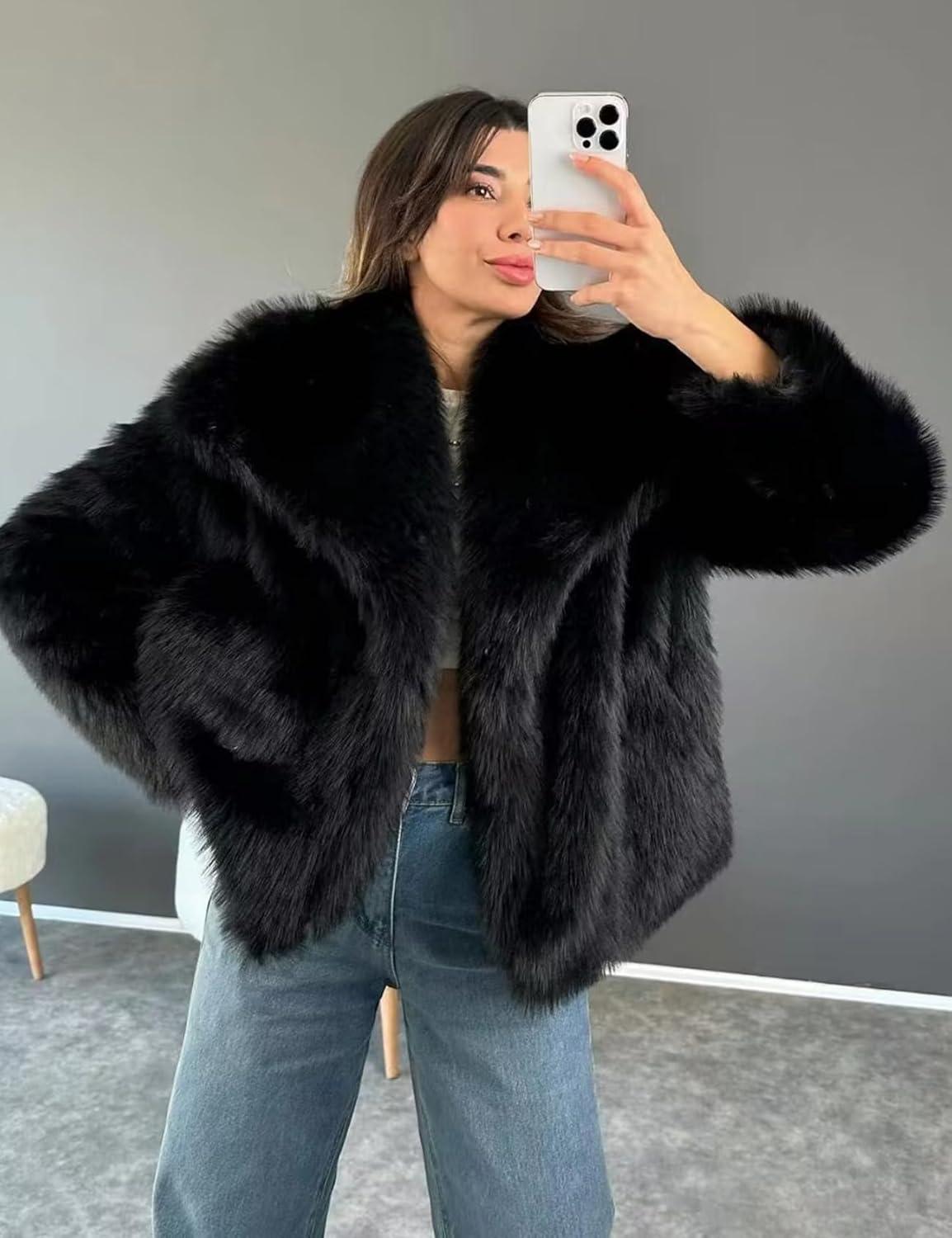imageKissonic Women Faux Fur Coat Long Sleeve Lapel Open Front Shaggy Furry Jacket Warm Fluffy Short OutwearBlack