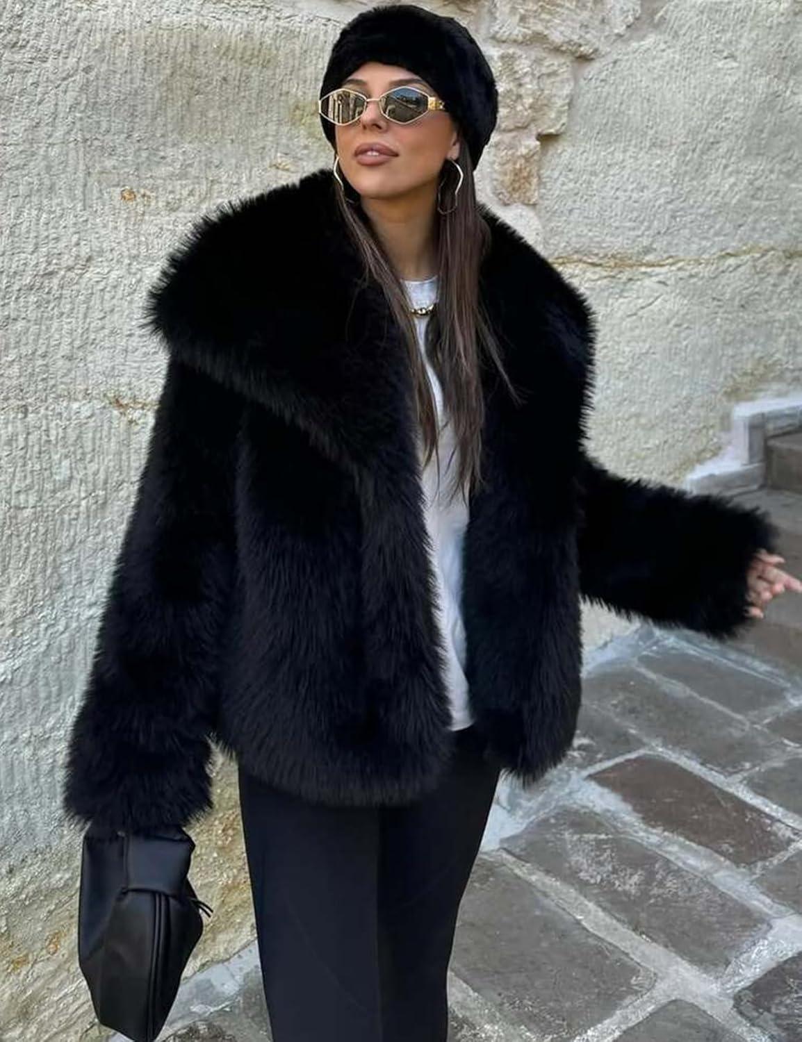 imageKissonic Women Faux Fur Coat Long Sleeve Lapel Open Front Shaggy Furry Jacket Warm Fluffy Short OutwearBlack