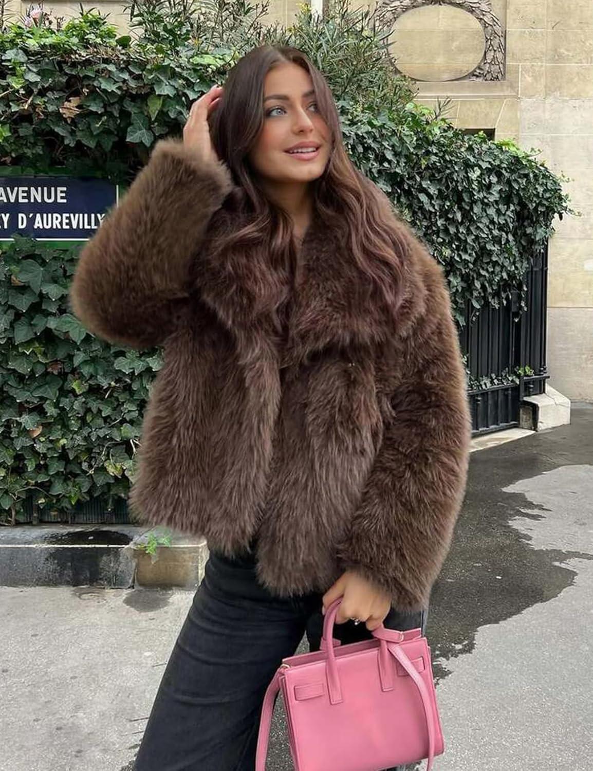 imageKissonic Women Faux Fur Coat Long Sleeve Lapel Open Front Shaggy Furry Jacket Warm Fluffy Short OutwearBrown