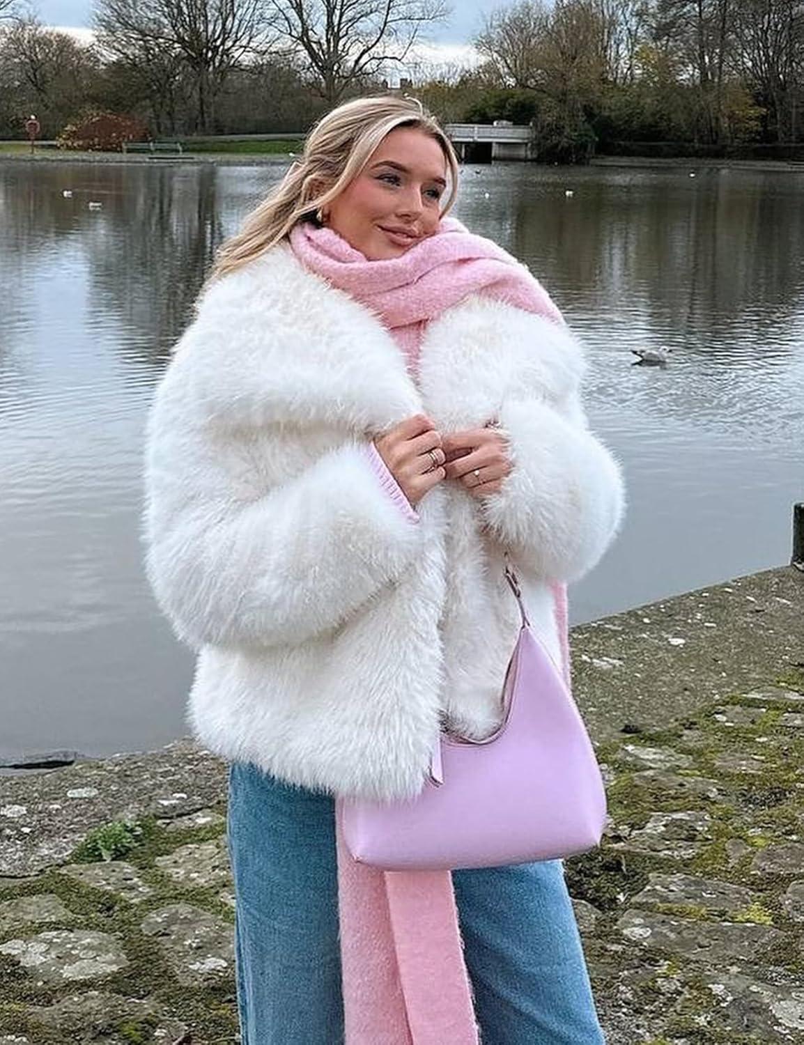 imageKissonic Women Faux Fur Coat Long Sleeve Lapel Open Front Shaggy Furry Jacket Warm Fluffy Short OutwearWhite