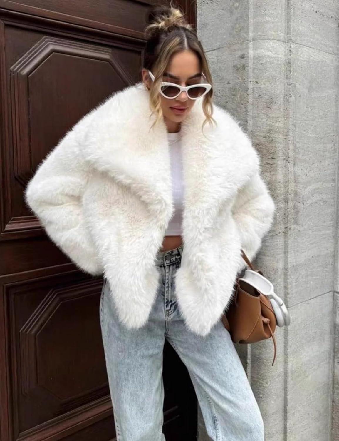 imageKissonic Women Faux Fur Coat Long Sleeve Lapel Open Front Shaggy Furry Jacket Warm Fluffy Short OutwearWhite