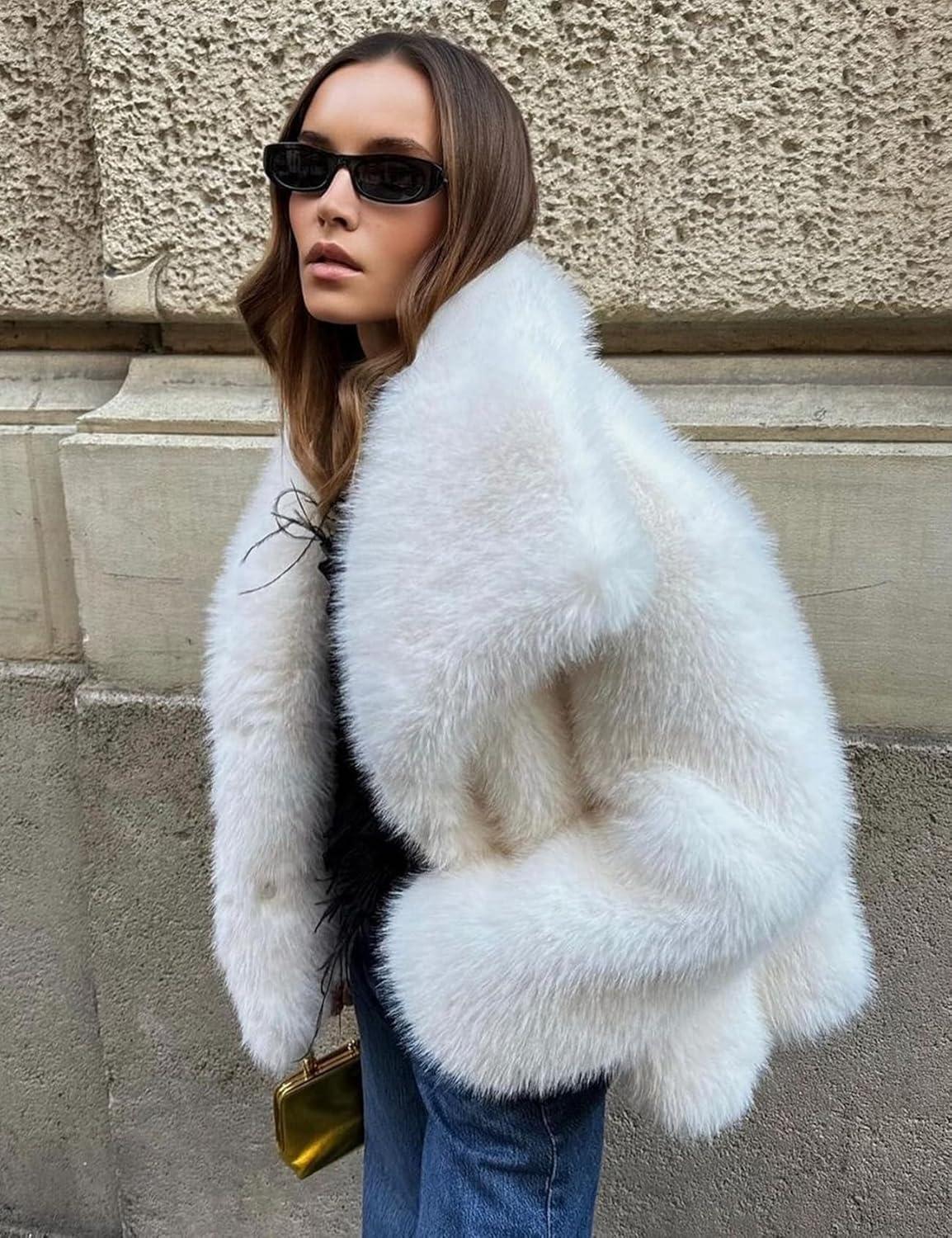 imageKissonic Women Faux Fur Coat Long Sleeve Lapel Open Front Shaggy Furry Jacket Warm Fluffy Short OutwearWhite
