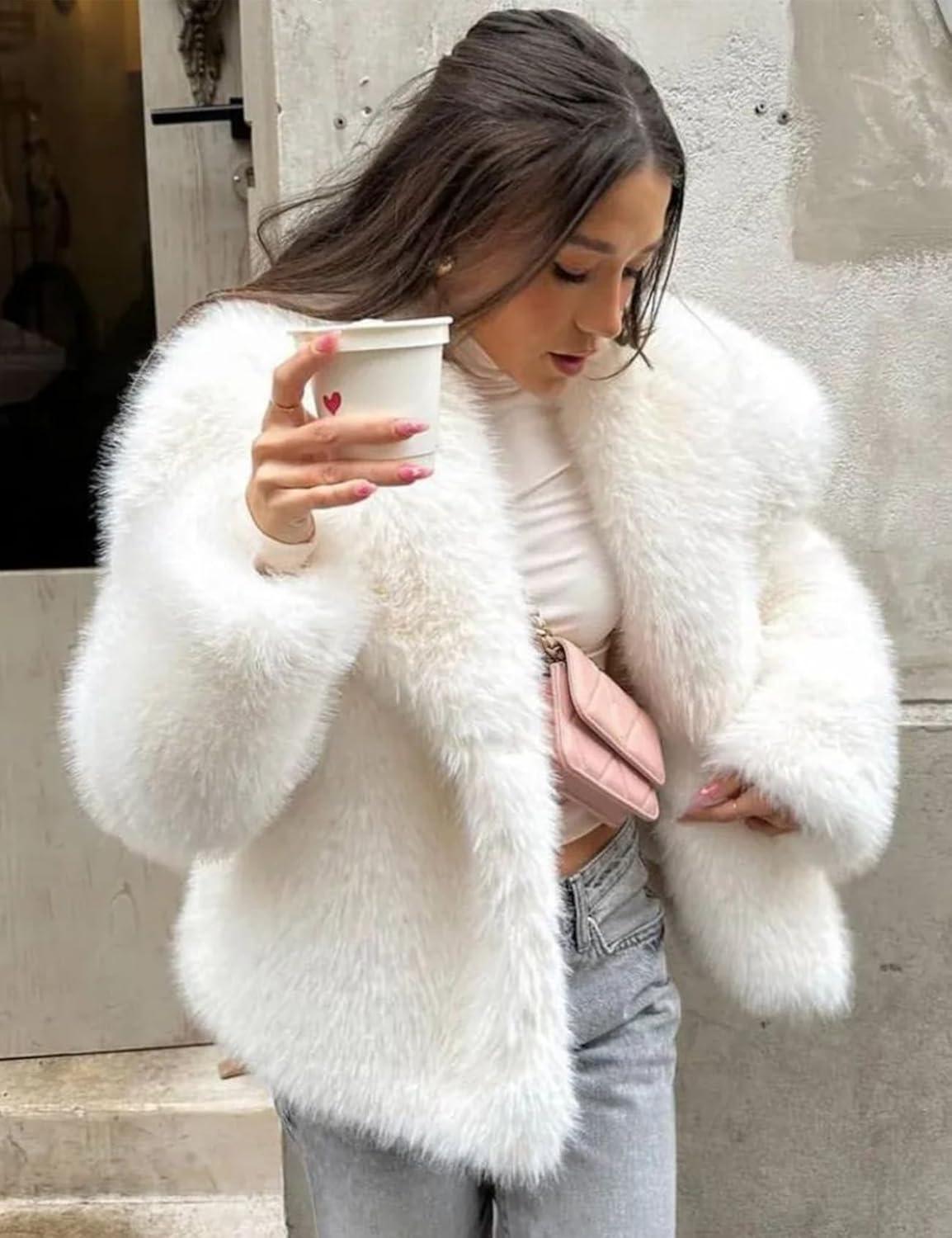 imageKissonic Women Faux Fur Coat Long Sleeve Lapel Open Front Shaggy Furry Jacket Warm Fluffy Short OutwearWhite