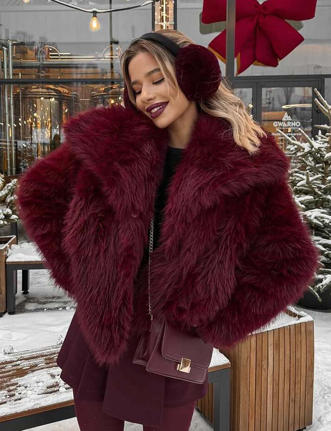 imageKissonic Women Faux Fur Coat Long Sleeve Lapel Open Front Shaggy Furry Jacket Warm Fluffy Short OutwearWinered