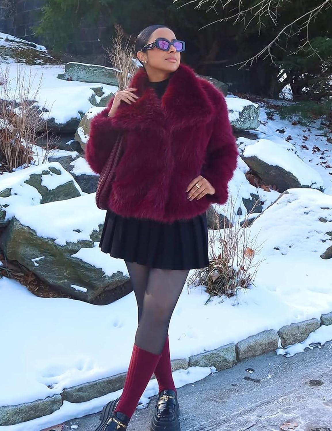 imageKissonic Women Faux Fur Coat Long Sleeve Lapel Open Front Shaggy Furry Jacket Warm Fluffy Short OutwearWinered