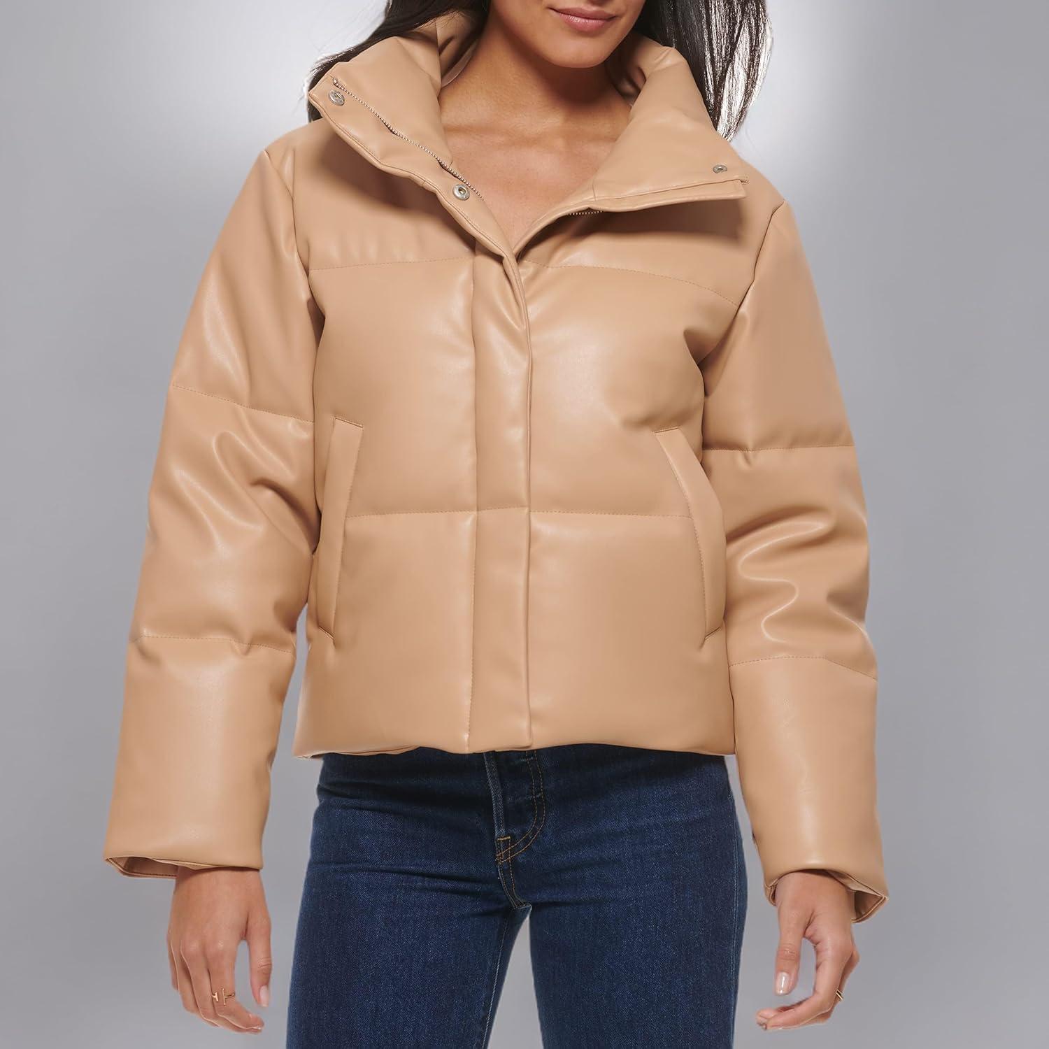 imageLevis Womens Vegan Leather Quilted Short Puffer JacketBiscotti