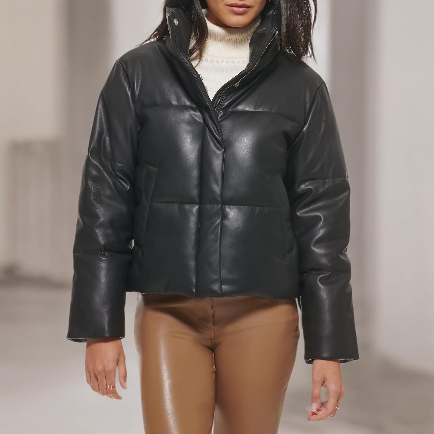 imageLevis Womens Vegan Leather Quilted Short Puffer JacketBlack