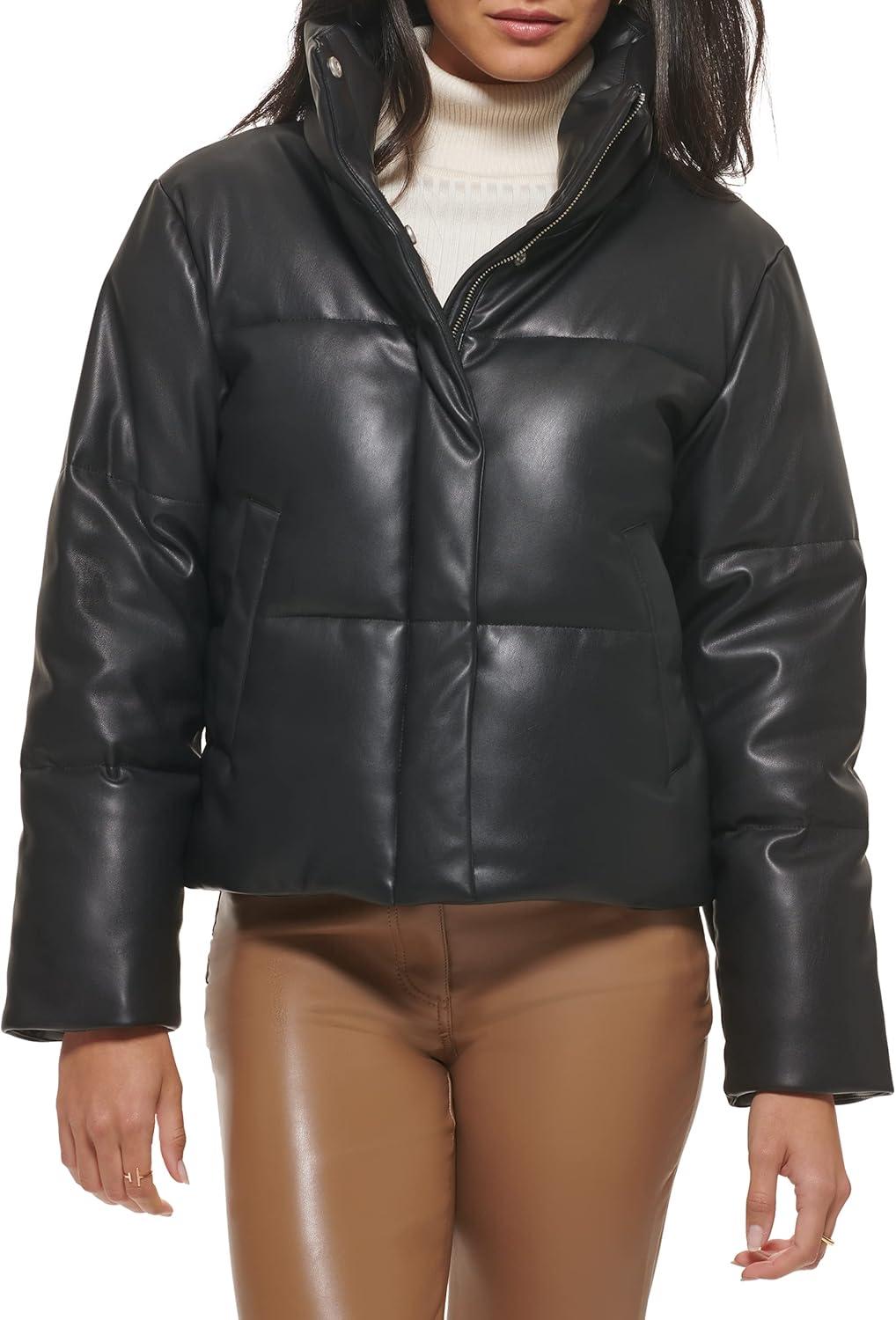 imageLevis Womens Vegan Leather Quilted Short Puffer JacketBlack