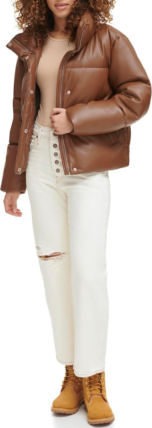 imageLevis Womens Vegan Leather Quilted Short Puffer JacketCaramel