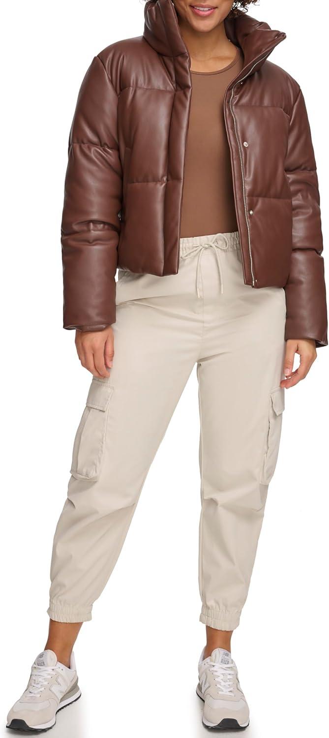 imageLevis Womens Vegan Leather Quilted Short Puffer JacketChocolate Brown