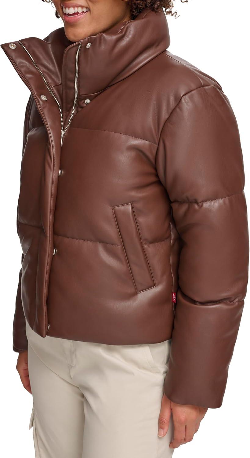 imageLevis Womens Vegan Leather Quilted Short Puffer JacketChocolate Brown