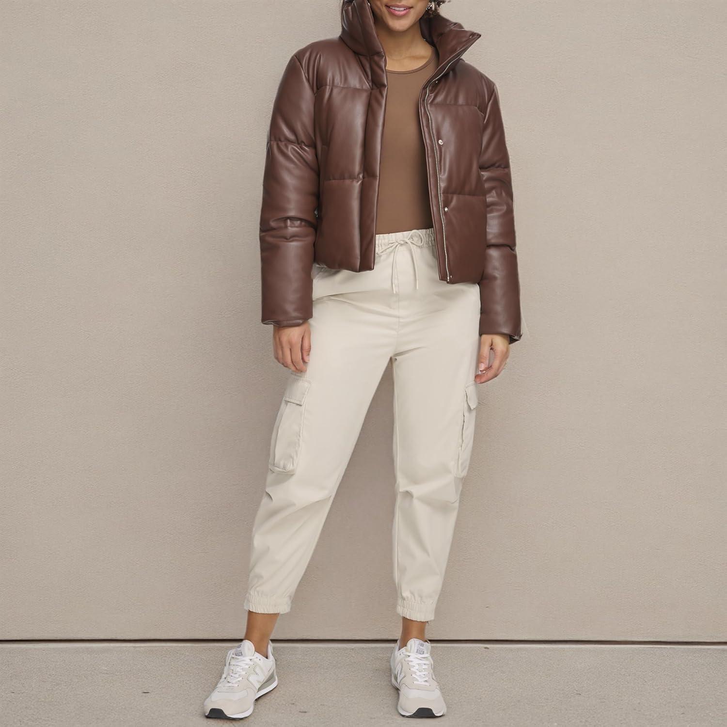 imageLevis Womens Vegan Leather Quilted Short Puffer JacketChocolate Brown