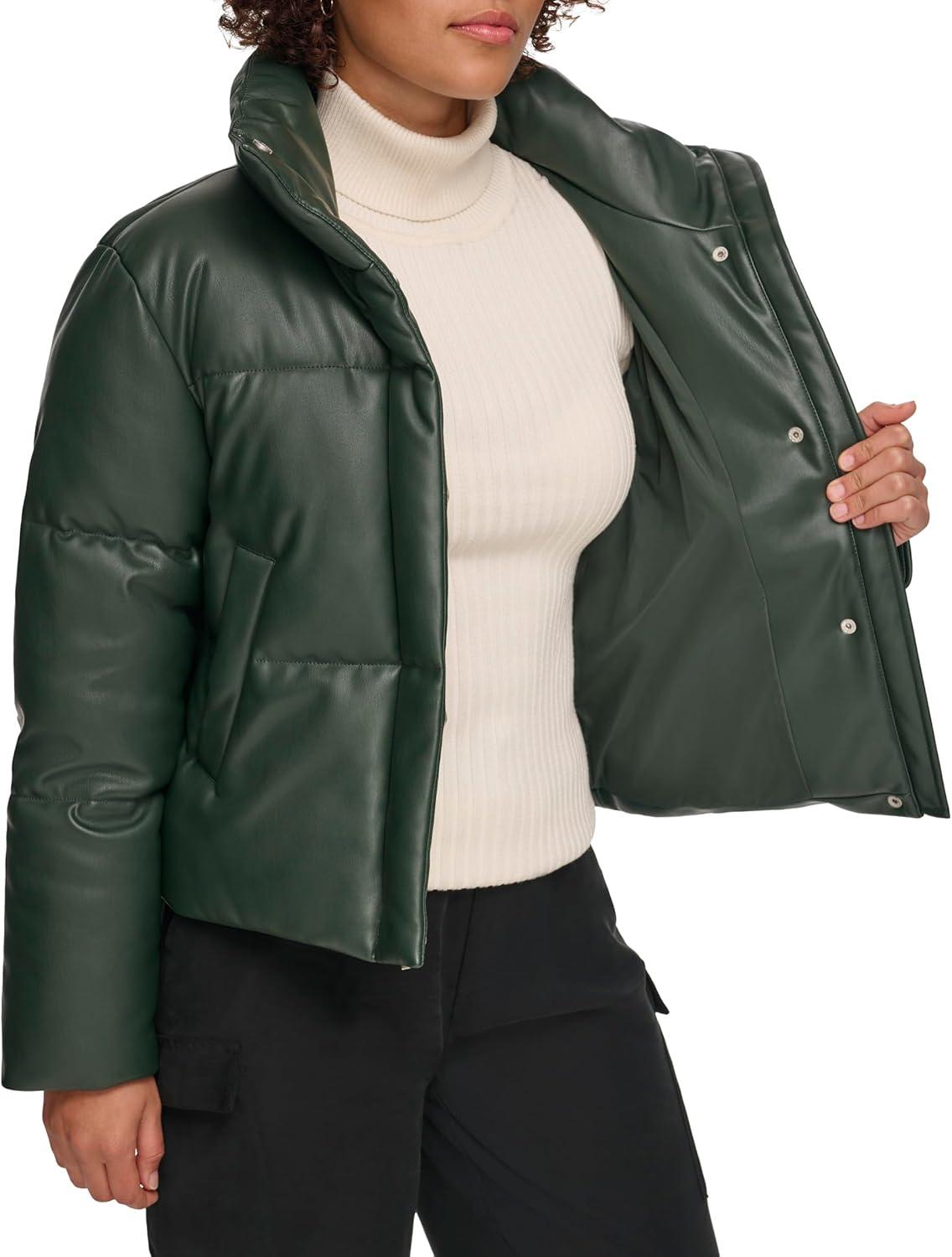 imageLevis Womens Vegan Leather Quilted Short Puffer JacketDarkest Spruce