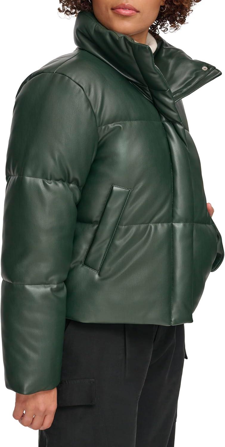 imageLevis Womens Vegan Leather Quilted Short Puffer JacketDarkest Spruce