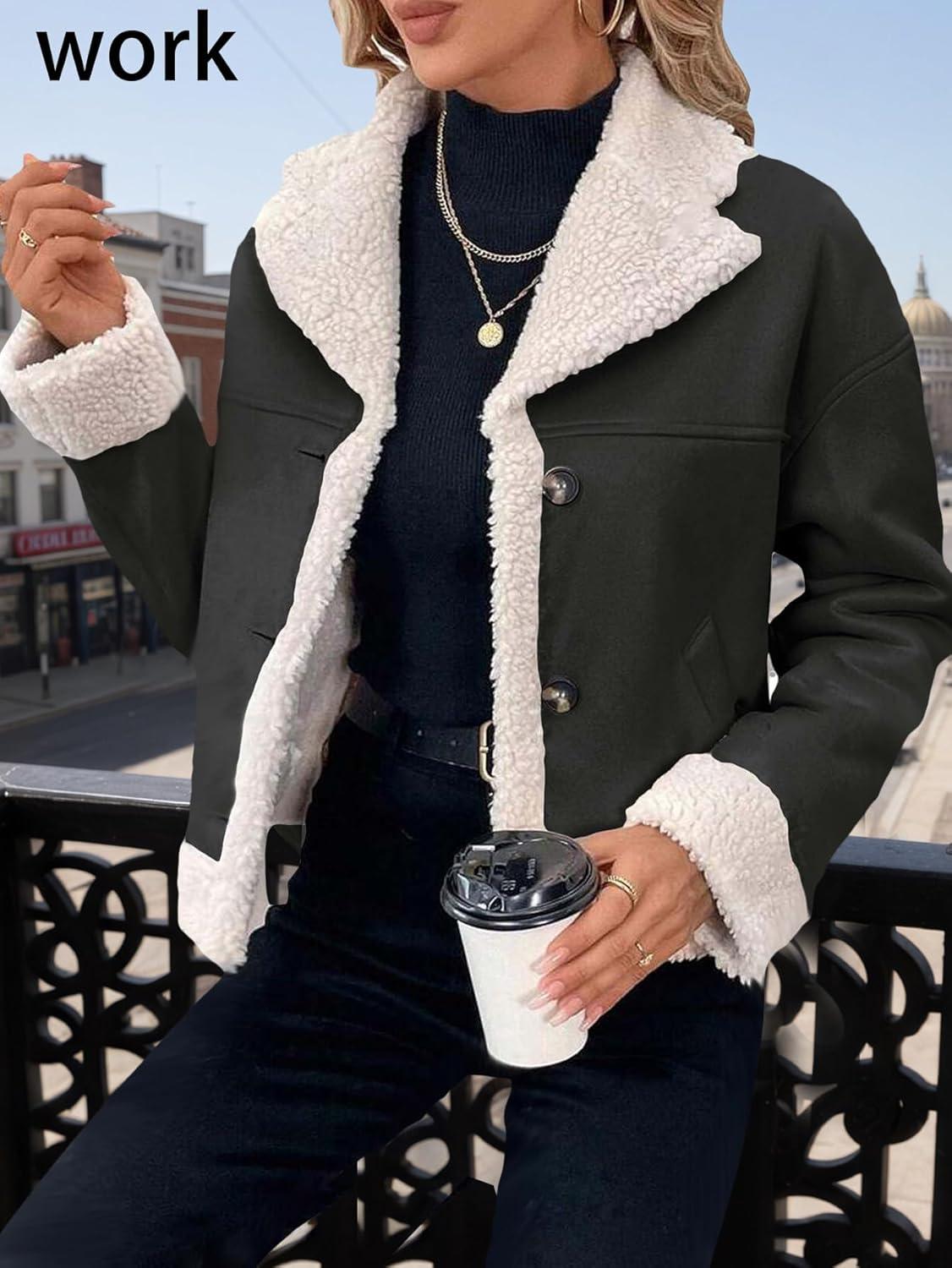 imageMina Self 2025 Winter Womens Faux Suede Sherpa Jacket Shearling Lined Fur Leather Warm Thick Fleece Fuzzy OuterwearBlack