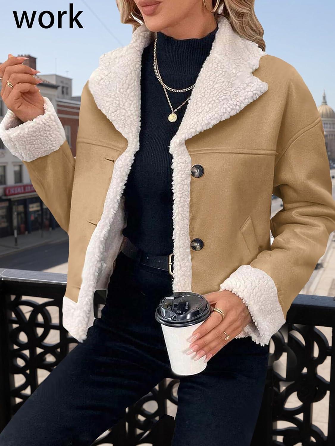 imageMina Self 2025 Winter Womens Faux Suede Sherpa Jacket Shearling Lined Fur Leather Warm Thick Fleece Fuzzy OuterwearBrown