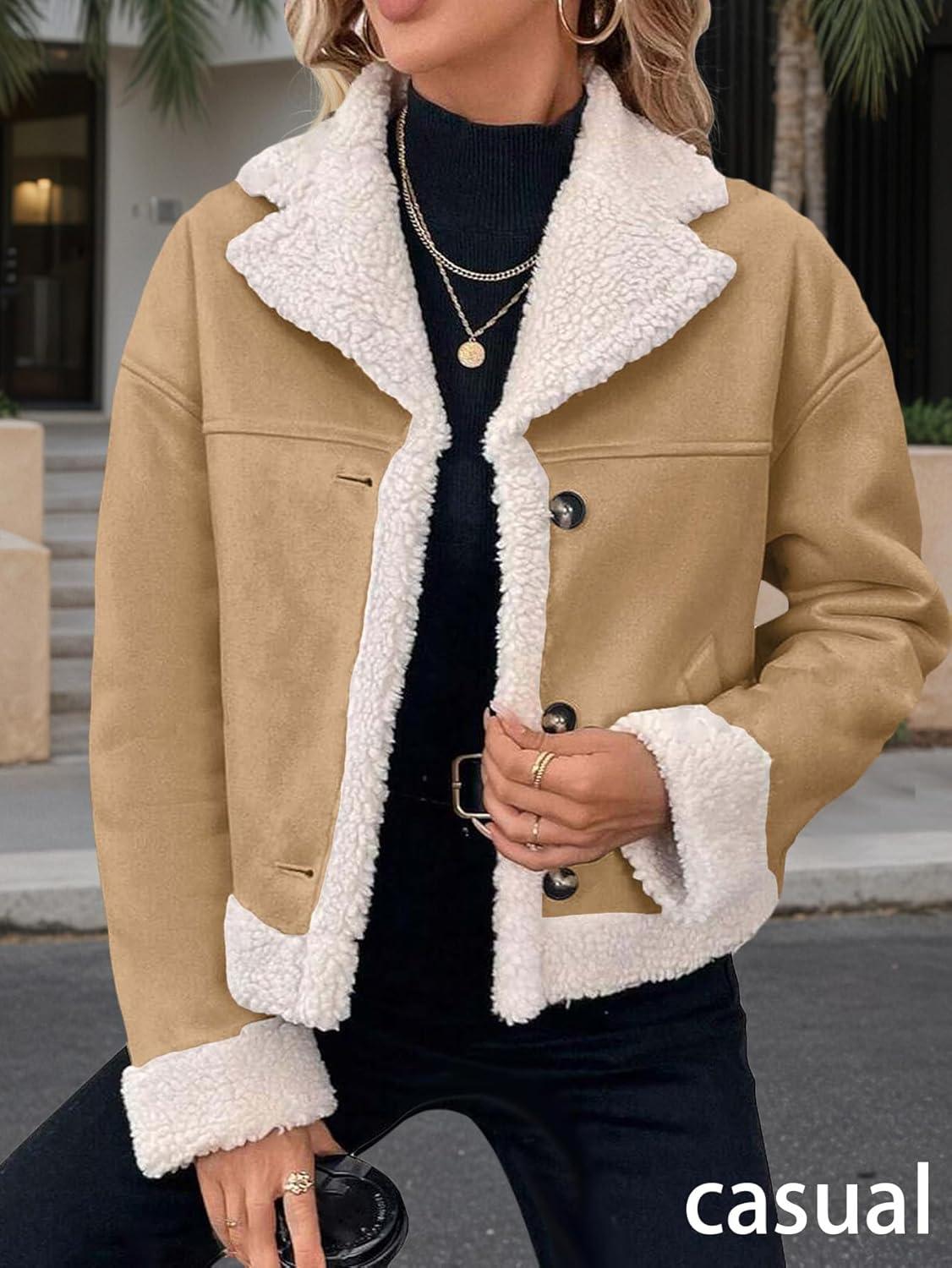 imageMina Self 2025 Winter Womens Faux Suede Sherpa Jacket Shearling Lined Fur Leather Warm Thick Fleece Fuzzy OuterwearBrown