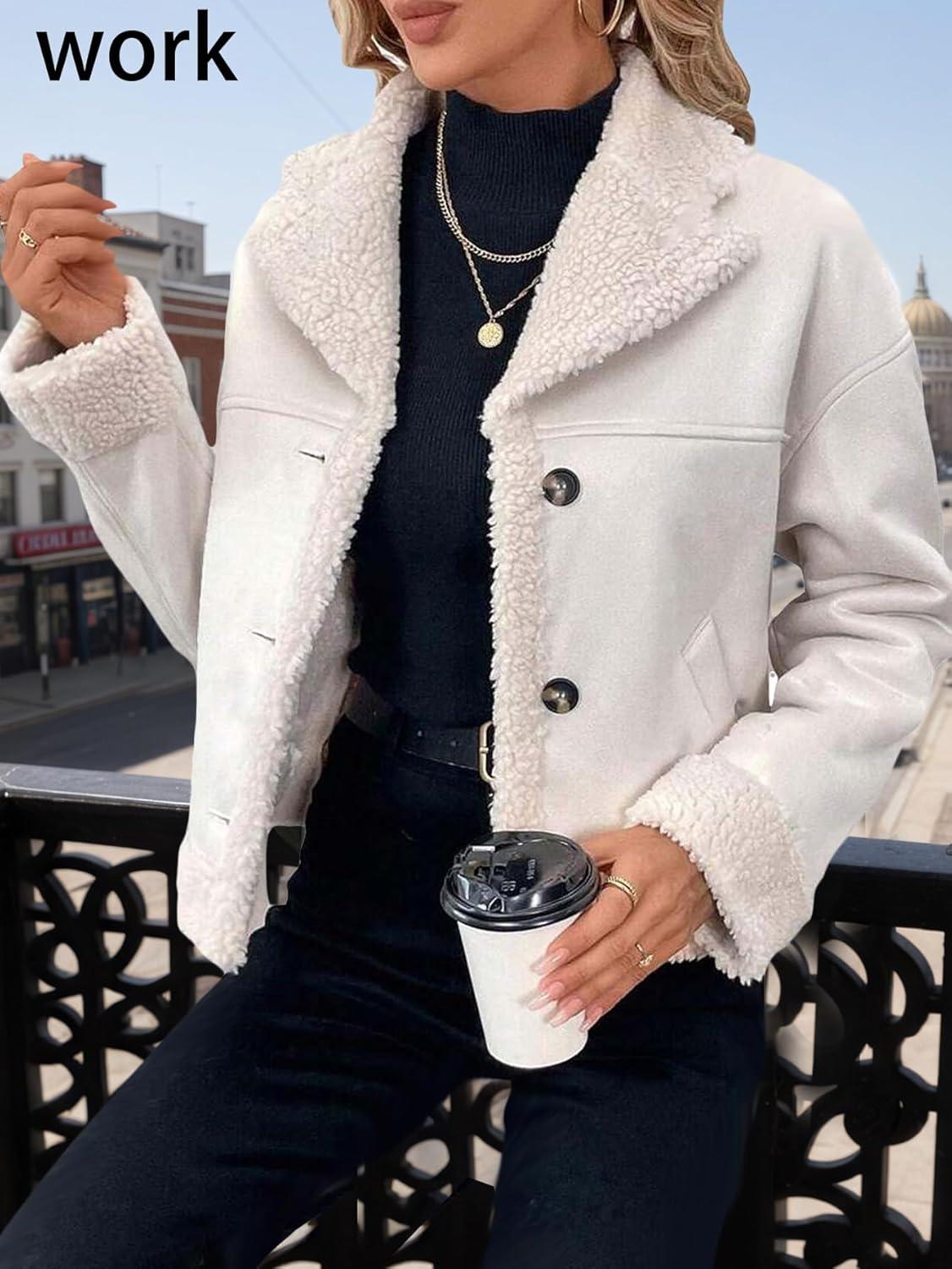 imageMina Self 2025 Winter Womens Faux Suede Sherpa Jacket Shearling Lined Fur Leather Warm Thick Fleece Fuzzy OuterwearWhite