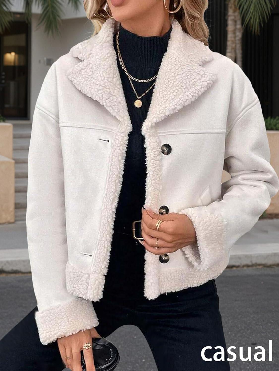 imageMina Self 2025 Winter Womens Faux Suede Sherpa Jacket Shearling Lined Fur Leather Warm Thick Fleece Fuzzy OuterwearWhite